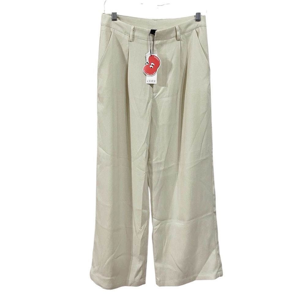 Cider M Cream High Waist Pleated Wide Leg Trousers NWT Minimalist 27 Inseam